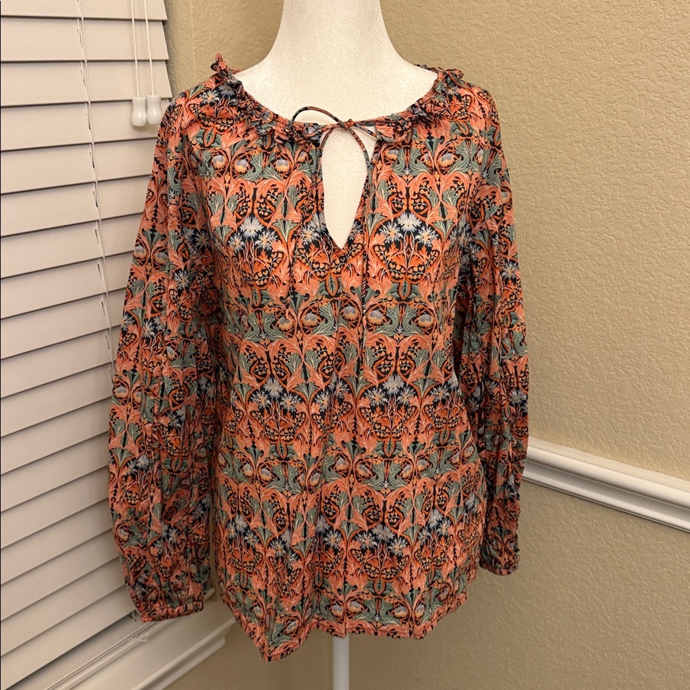 J. Crew with Liberty of London May Nouveau Scalloped Tie-neck Top Women's Small
